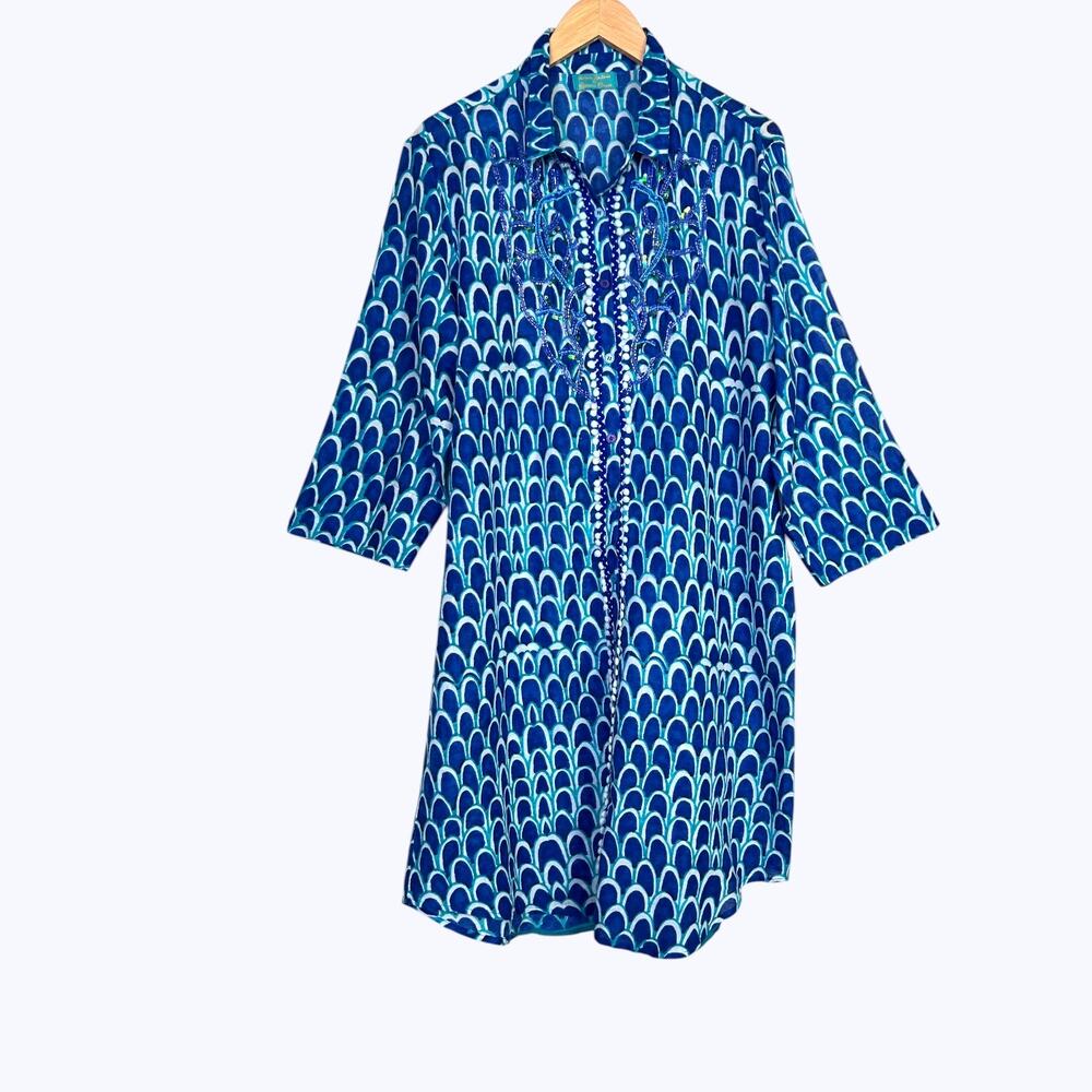 Antica Sartoria Kaftan Beach Cover-up Beaded Coral Reef Embroidered in Blue Med.